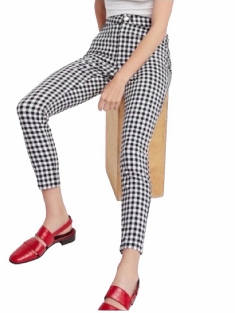 Free People Women's Gingham Pants Black White Sz 26